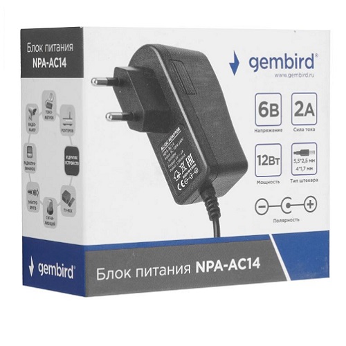 Блок питания узкий Gembird NPA-AC14, 6В/2А, 12Вт, 2 штекера 5,5х2,5+4x1,7мм